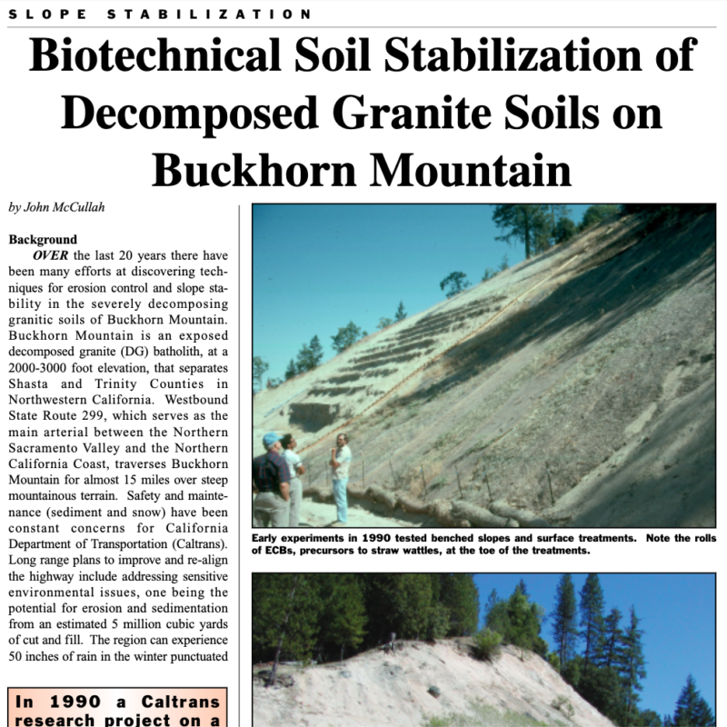 Article on DG and COMPOST TRIALS  - Biotechnical Soil Stabilization of Decomposed Granite Soils on Buckhorn Mountain, John McCullah, 2006, Land and Water Magazine
